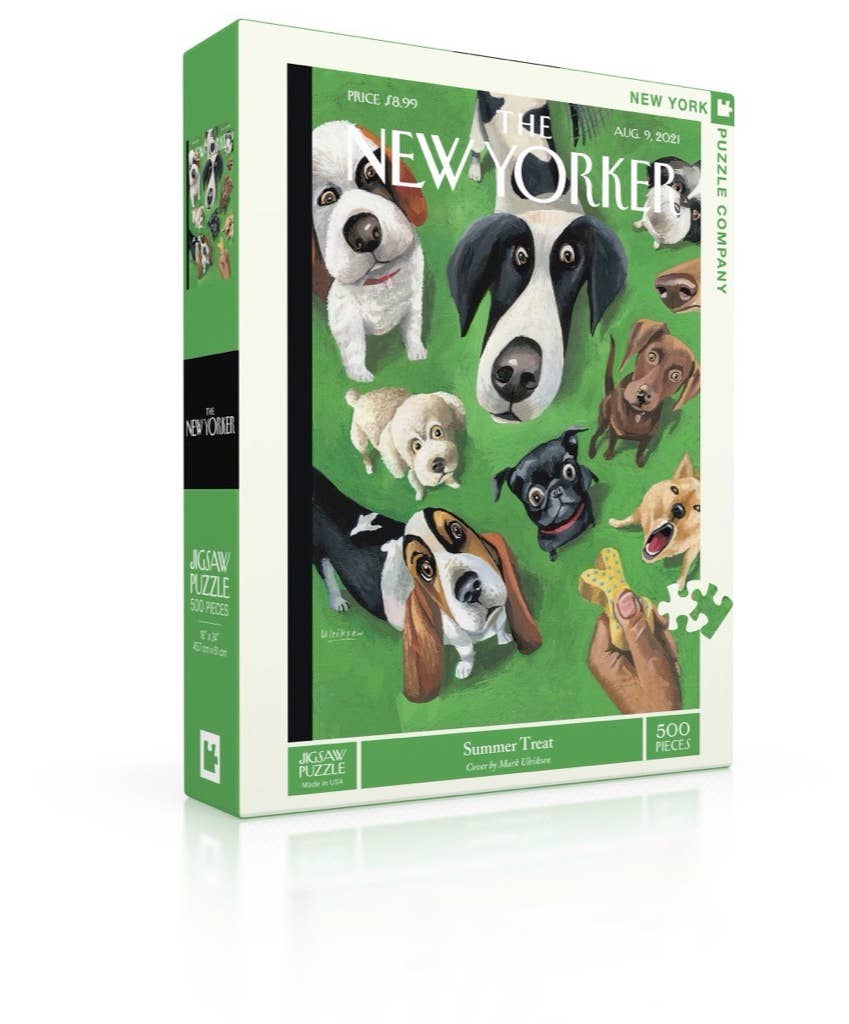 New York Puzzle Company Summer Treat 500 piece jigsaw puzzle box featuring a group of dogs looking up at a treat against a green background.