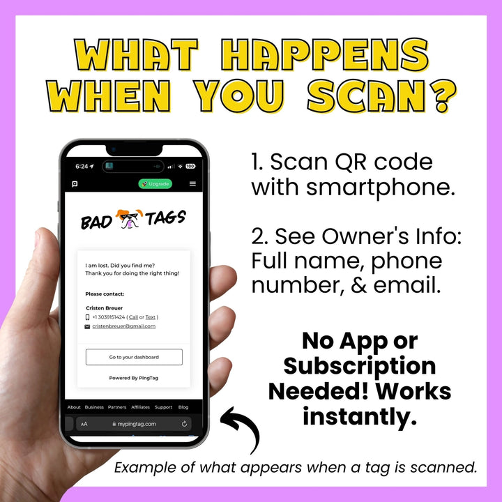 Hand holding a smartphone displaying a QR code scanning app with text explaining the process on a pink background.