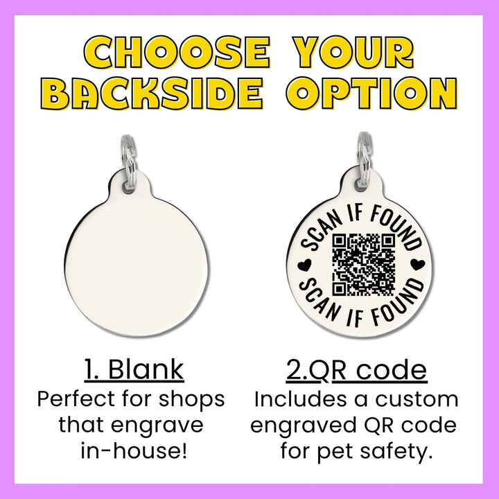 Two silver pet tags with options for blank or QR code backside on a purple border.