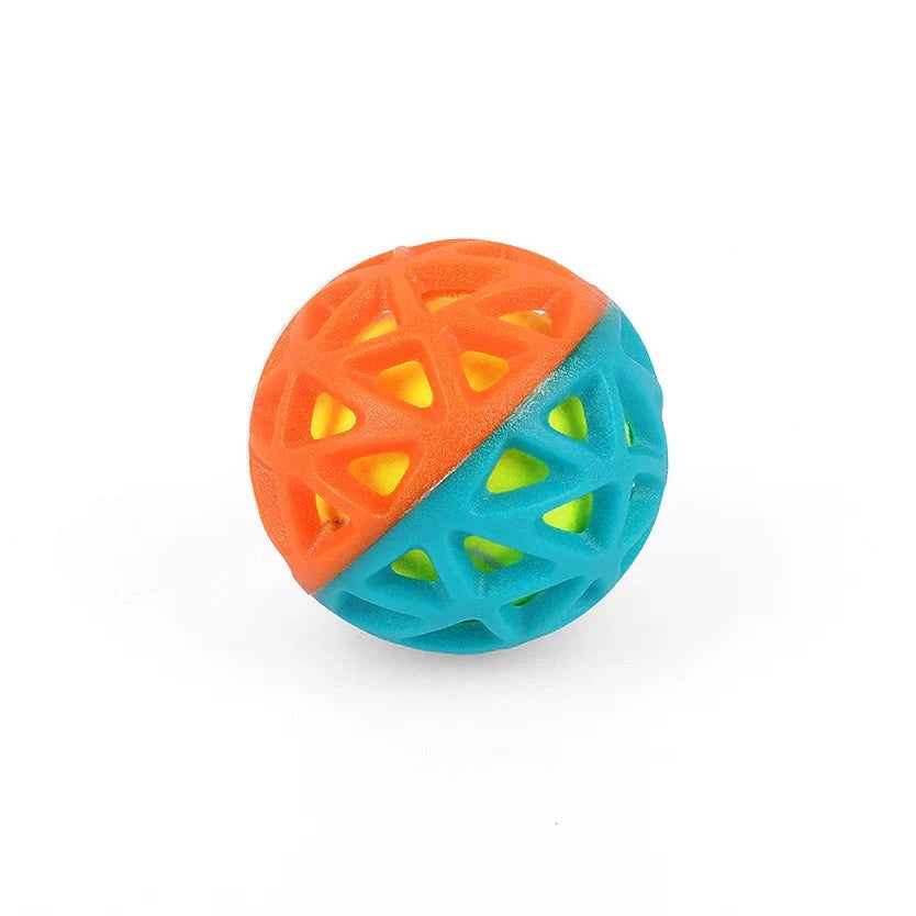 Colorful astroball with orange and blue sections on a white background