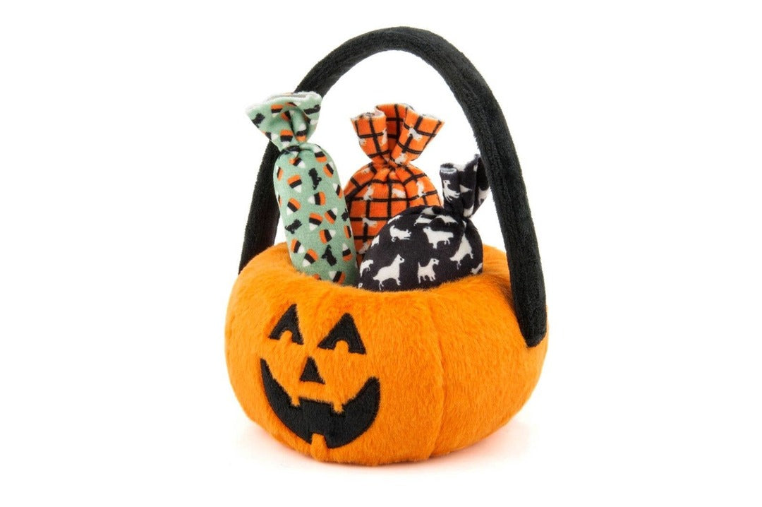 P.L.A.Y. Howl-o-Ween plush pumpkin basket filled with three removable Halloween candy dog toys.