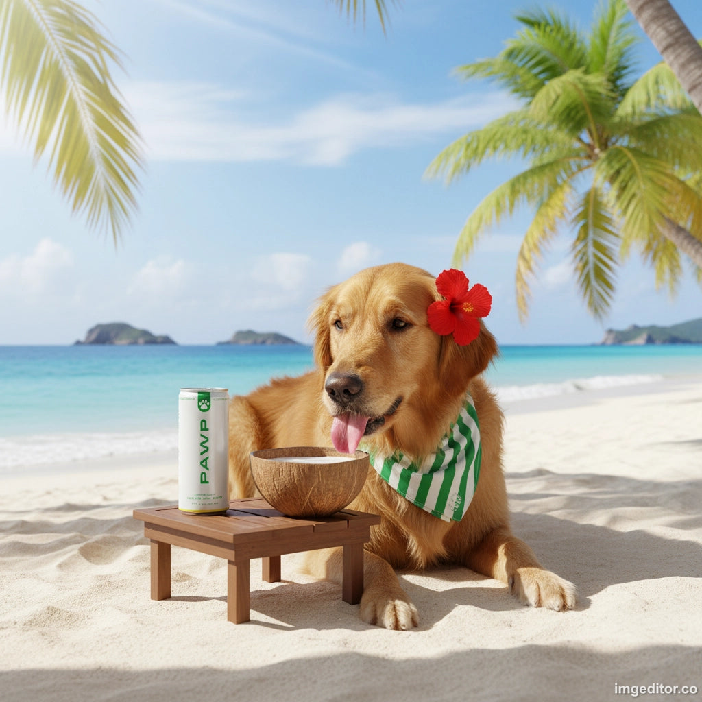 Dog on a tropical beach with a coconut and a can, surrounded by palm trees and clear blue water.