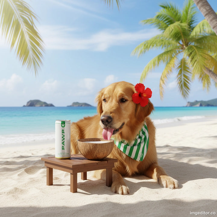 Dog on a tropical beach with a coconut and a can, surrounded by palm trees and clear blue water.