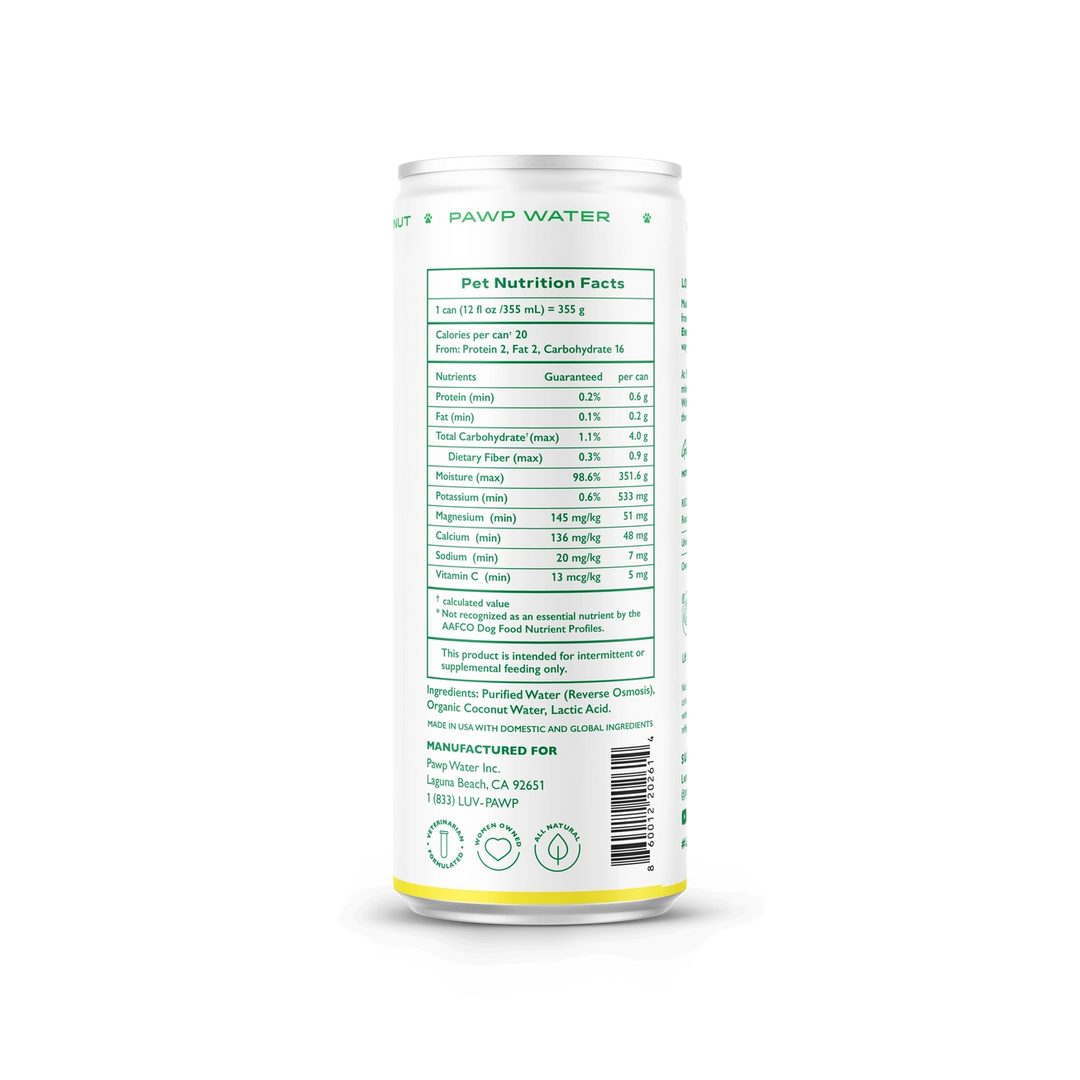 PAW P Water can with nutrition facts label on a white background