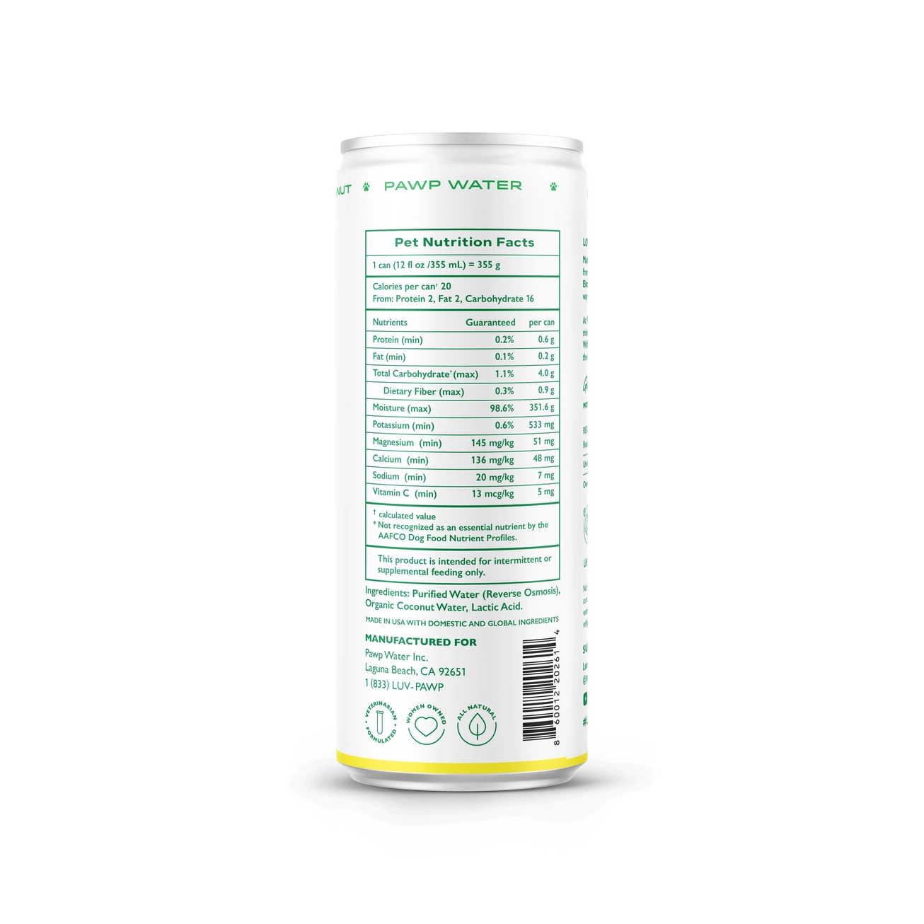 PAW P Water can with nutrition facts label on a white background