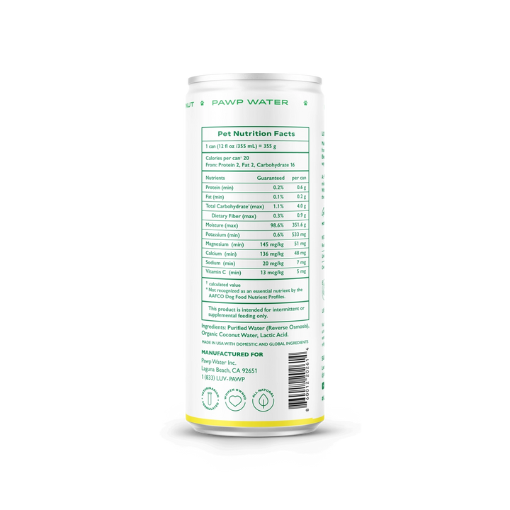 PAW P Water can with nutrition facts label on a white background