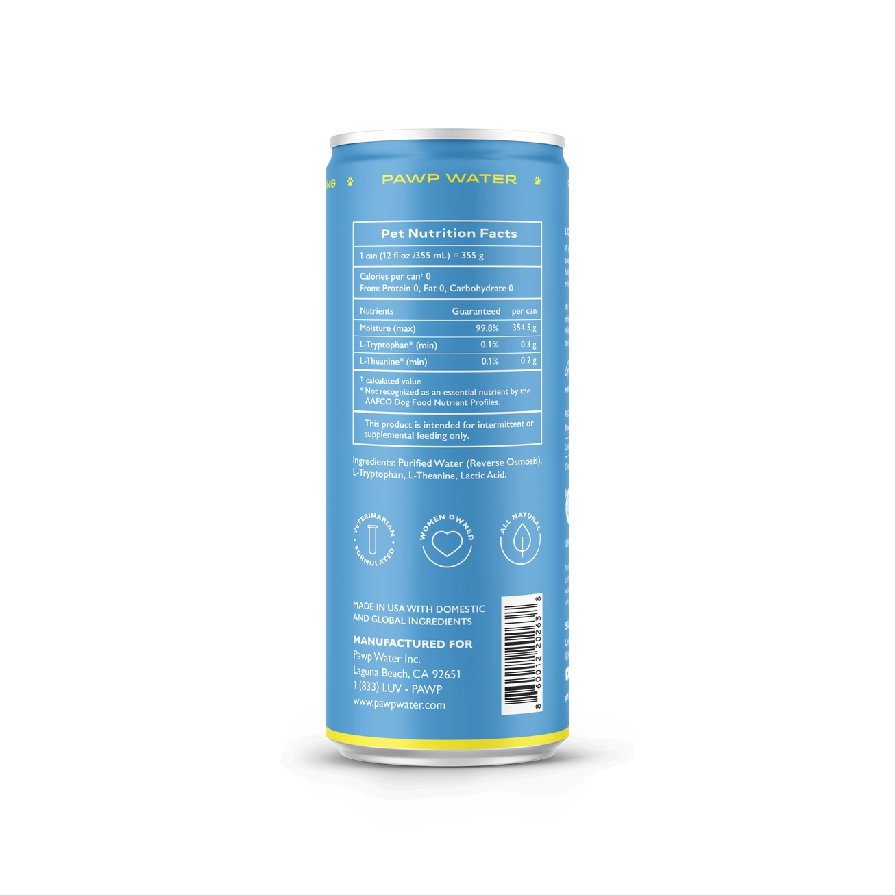 Pawp Water can with nutrition facts label on a white background