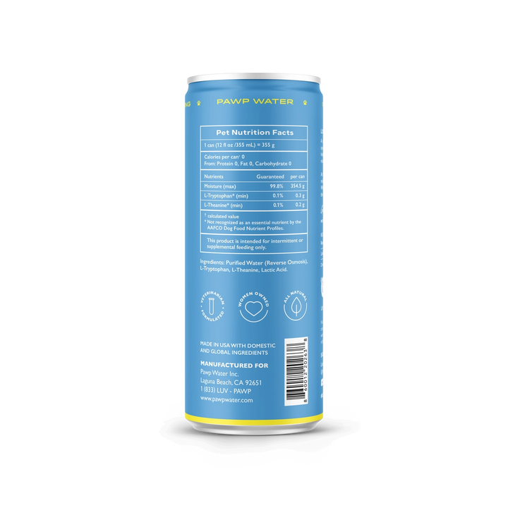 Pawp Water can with nutrition facts label on a white background