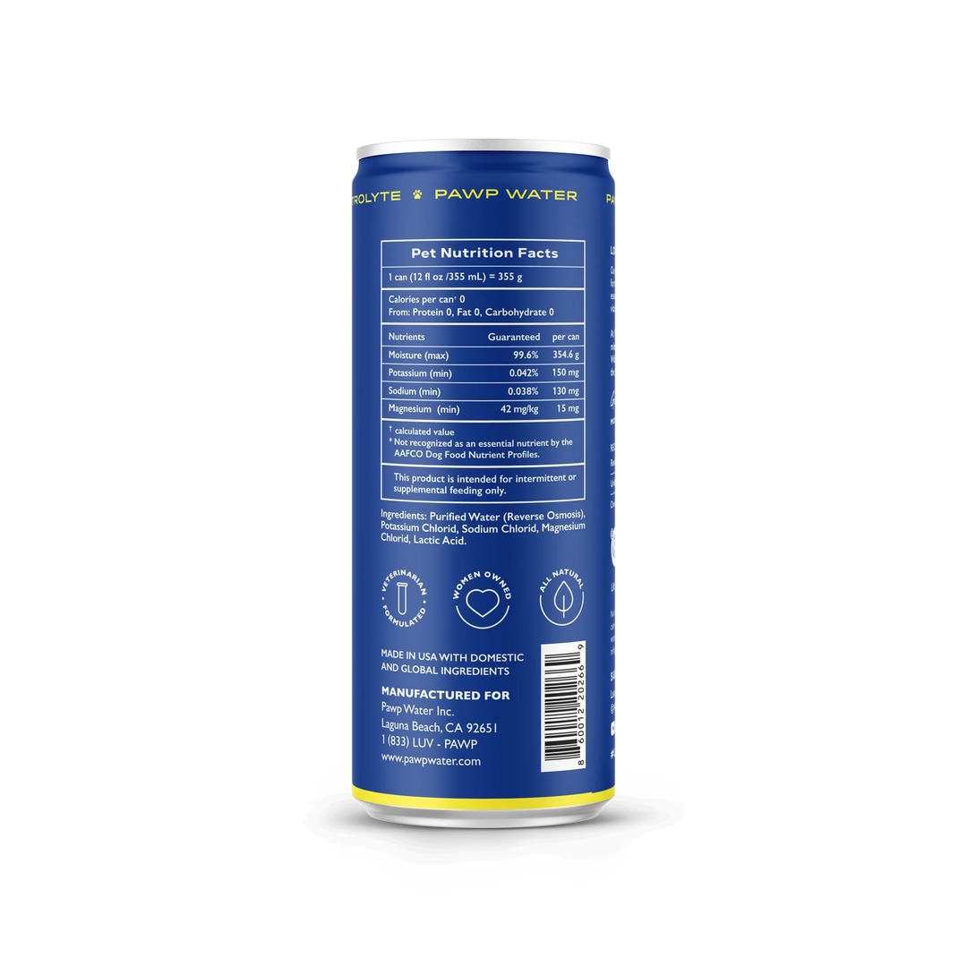 Blue can of Pawp Water with nutrition facts label on a white background
