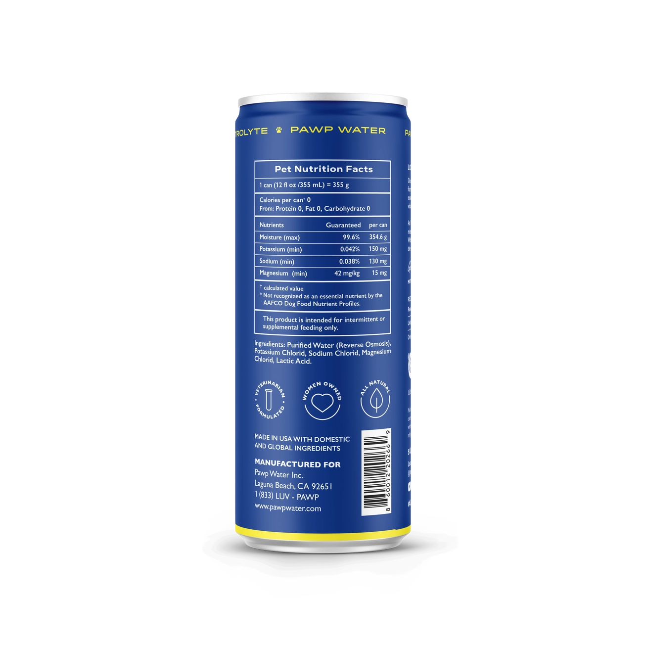 Blue can of Pawp Water with nutrition facts label on a white background