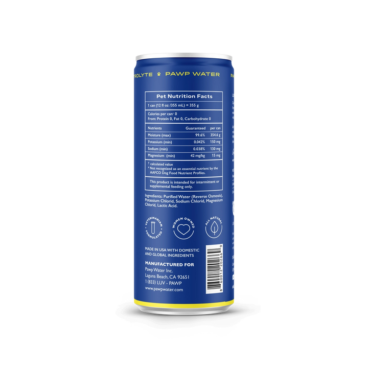 Blue can of Pawp Water with nutrition facts label on a white background