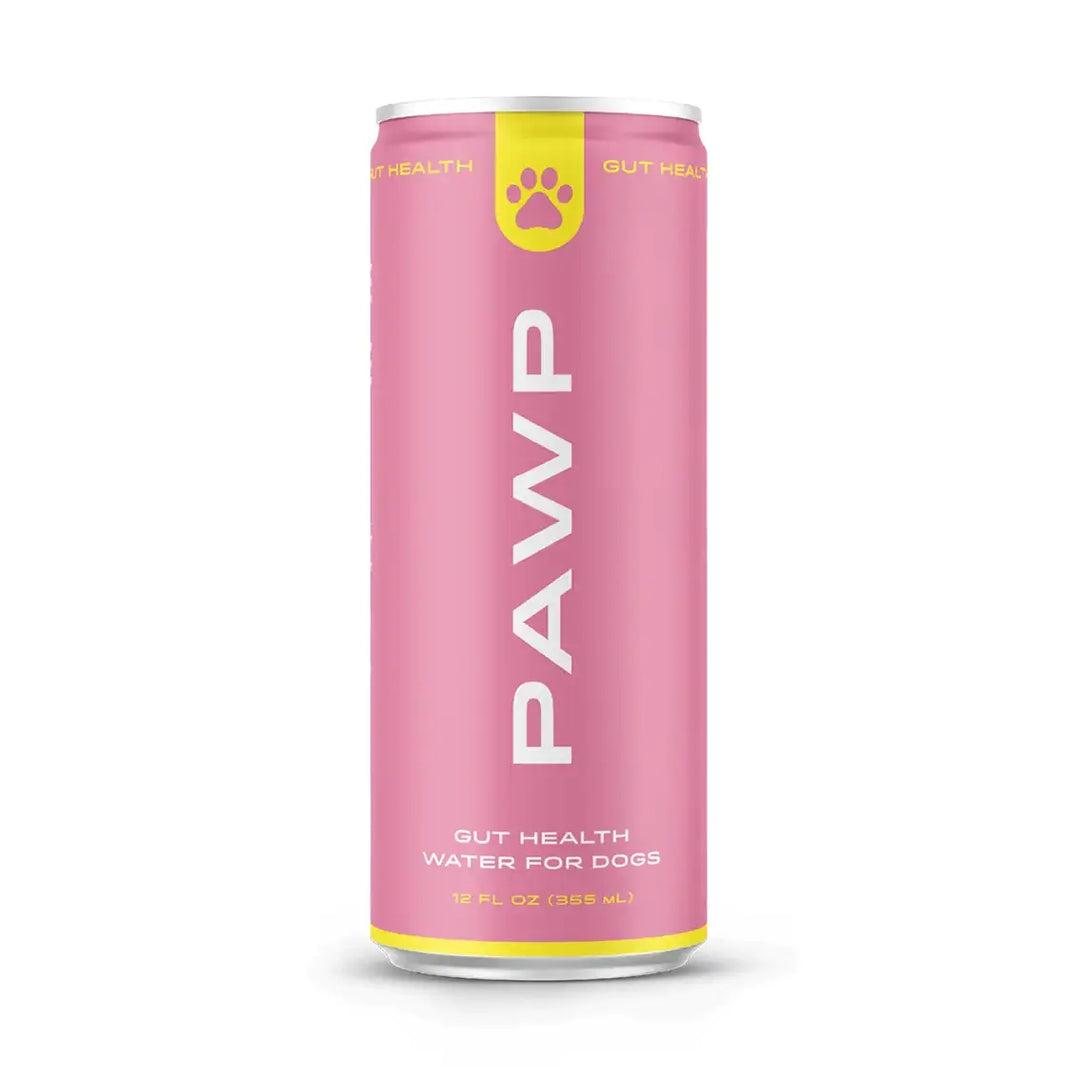 Pink can of PAWP Gut Health Water for Dogs on a white background