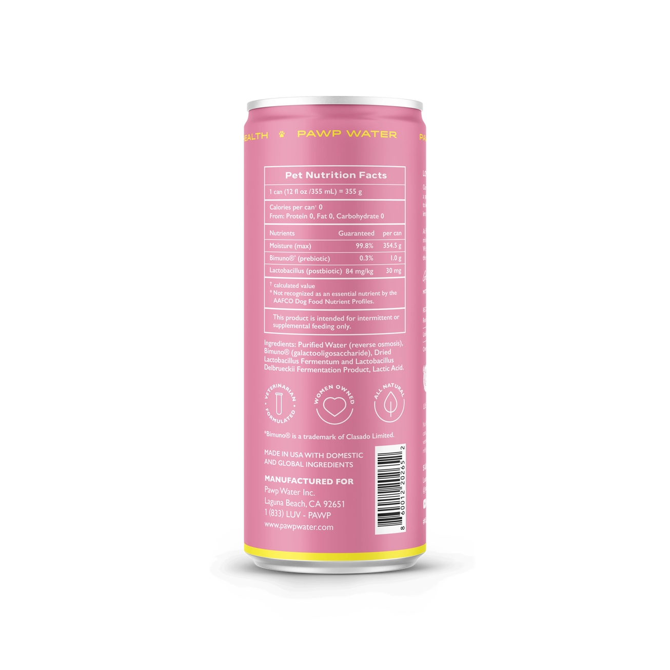 Pink can with nutrition facts label on a white background