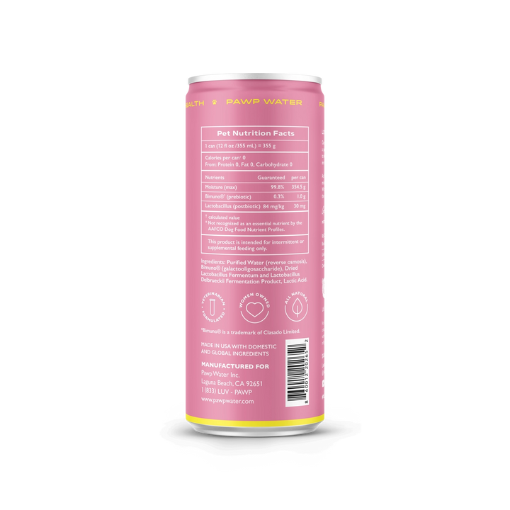 Pink can with nutrition facts label on a white background