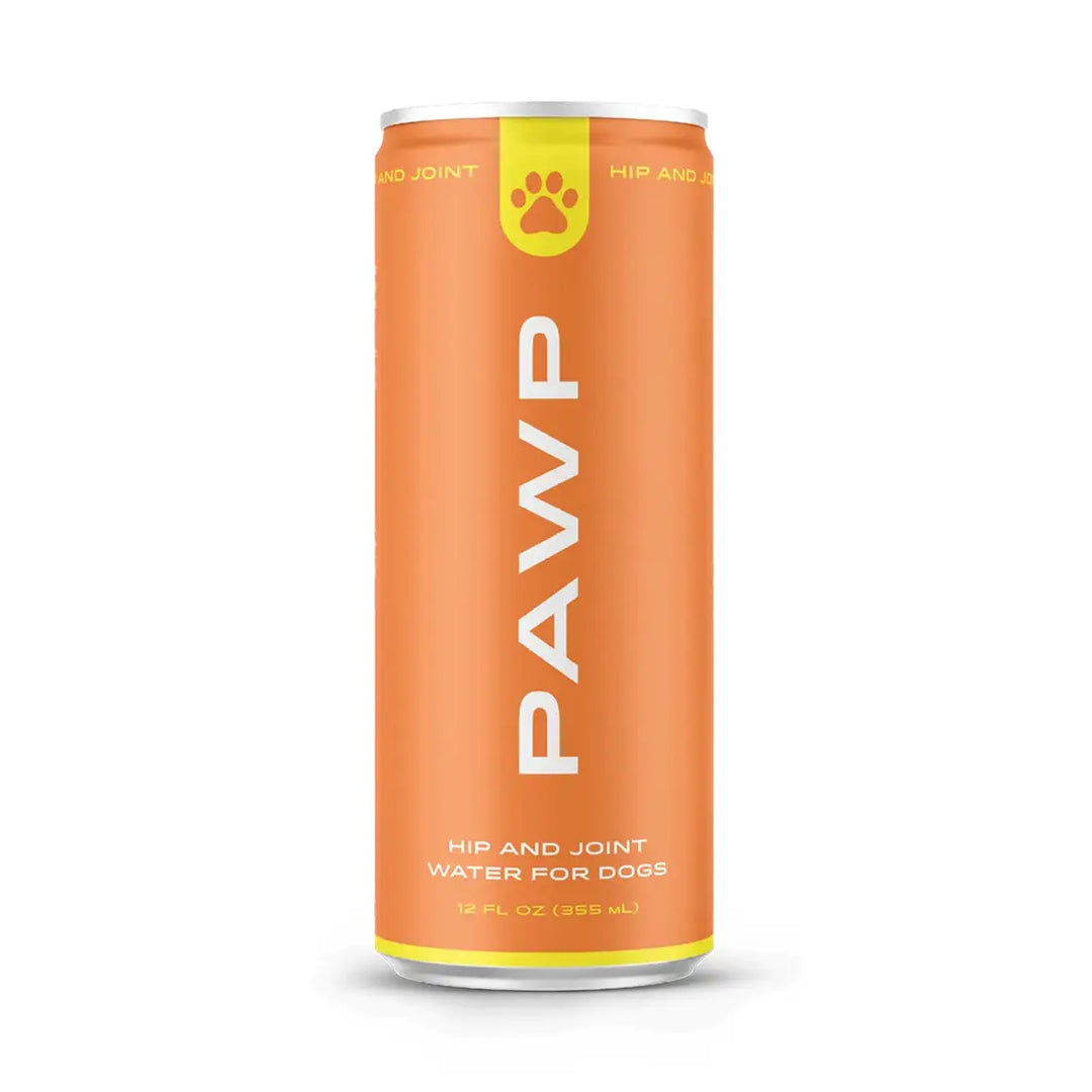 Orange can of PAWP hip and joint water for dogs on a white background