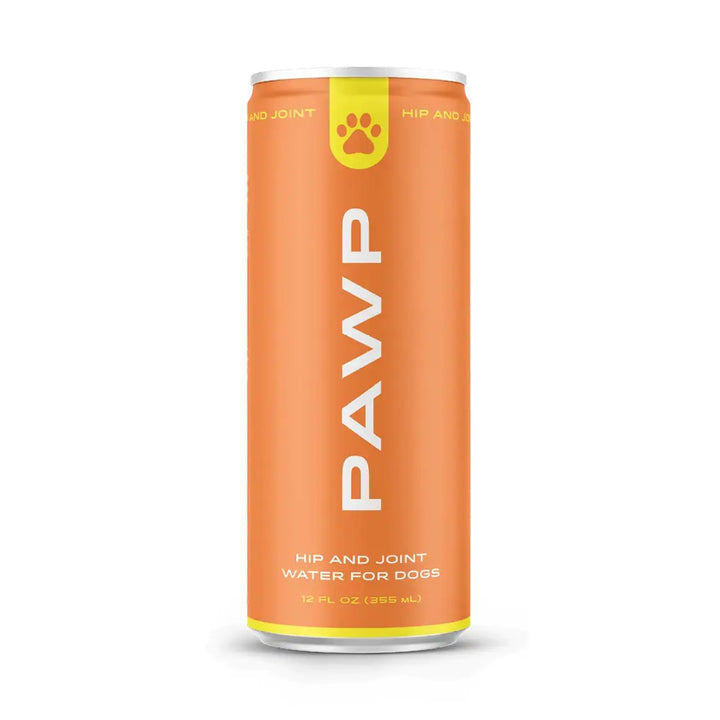 Orange can of PAWP hip and joint water for dogs on a white background