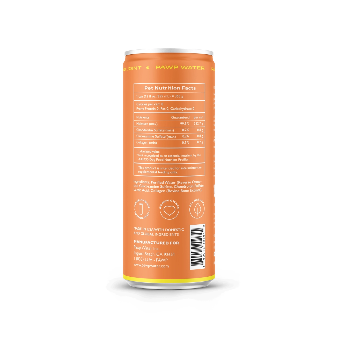Orange can of PAWPAW Water with nutrition facts on a white background