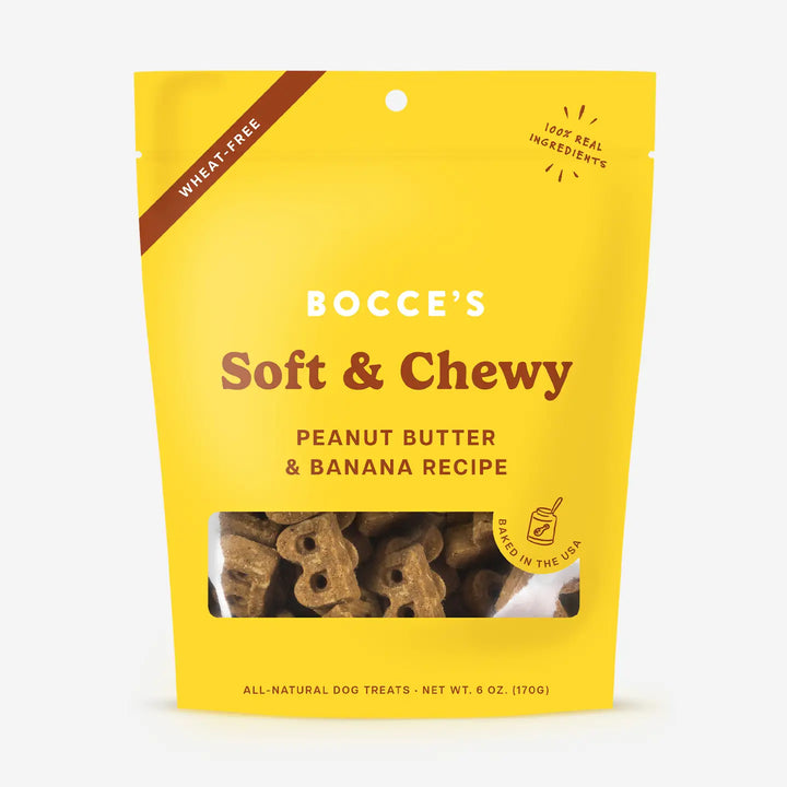 Yellow package of Bocce's Soft & Chewy dog treats with a window showing treats inside.