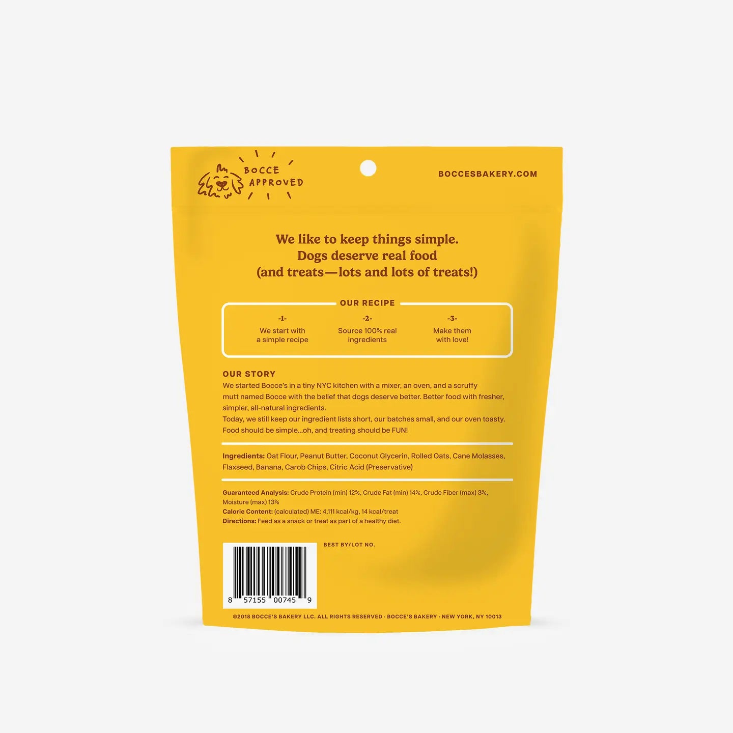 Yellow dog treat package with text and branding on a white background