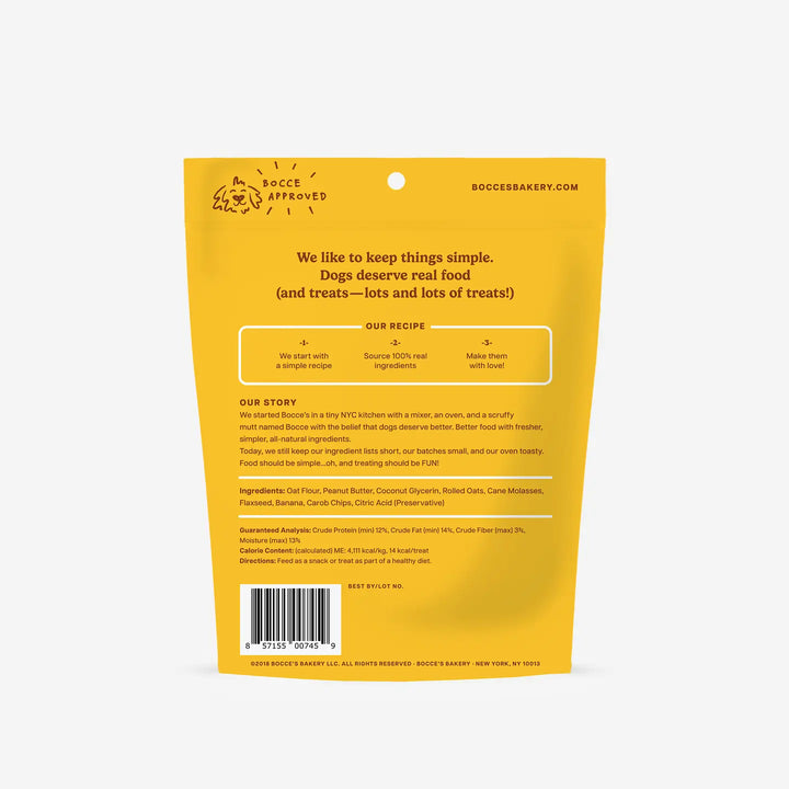 Yellow dog treat package with text and branding on a white background