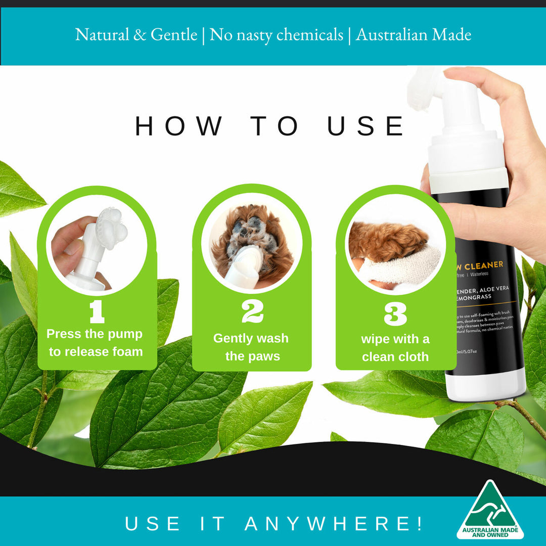 Instructions on how to use a natural paw cleaner with a hand holding the product and images of a dog and paw.