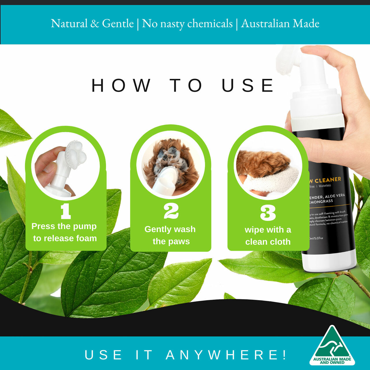 Instructions on how to use a natural paw cleaner with a hand holding the product and images of a dog and paw.