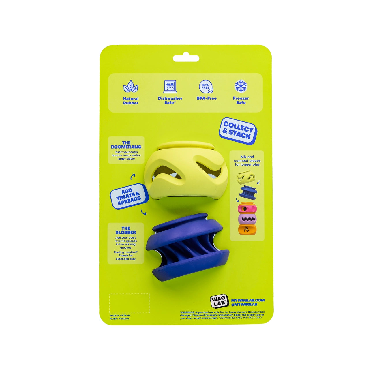 Dog toy packaging with yellow and blue toy on a green background
