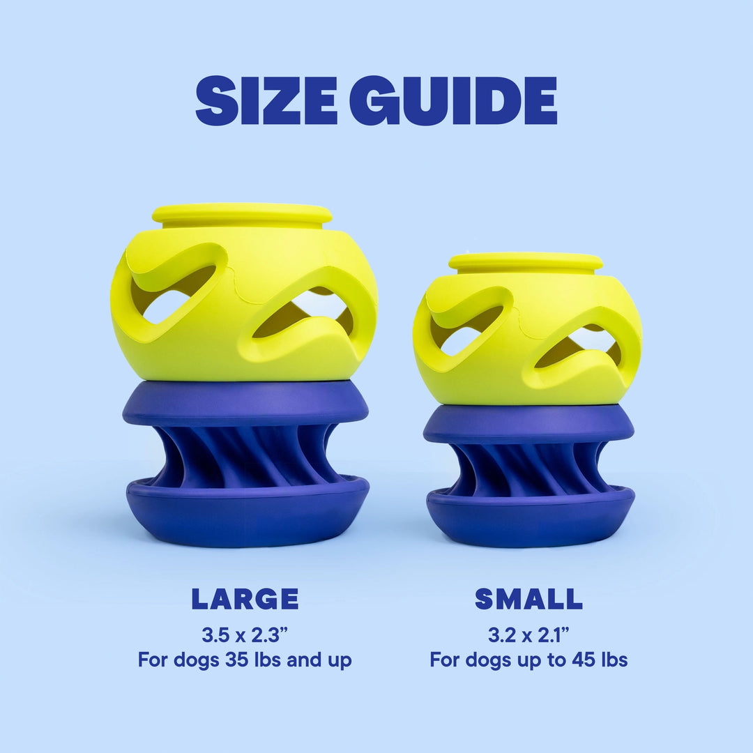 Size guide for large and small dog toys with specifications on a blue background
