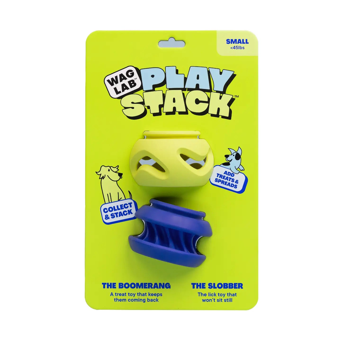 Dog toy set with boomerang and slobber on a green packaging labeled 'Wag Lab Play Stack'.