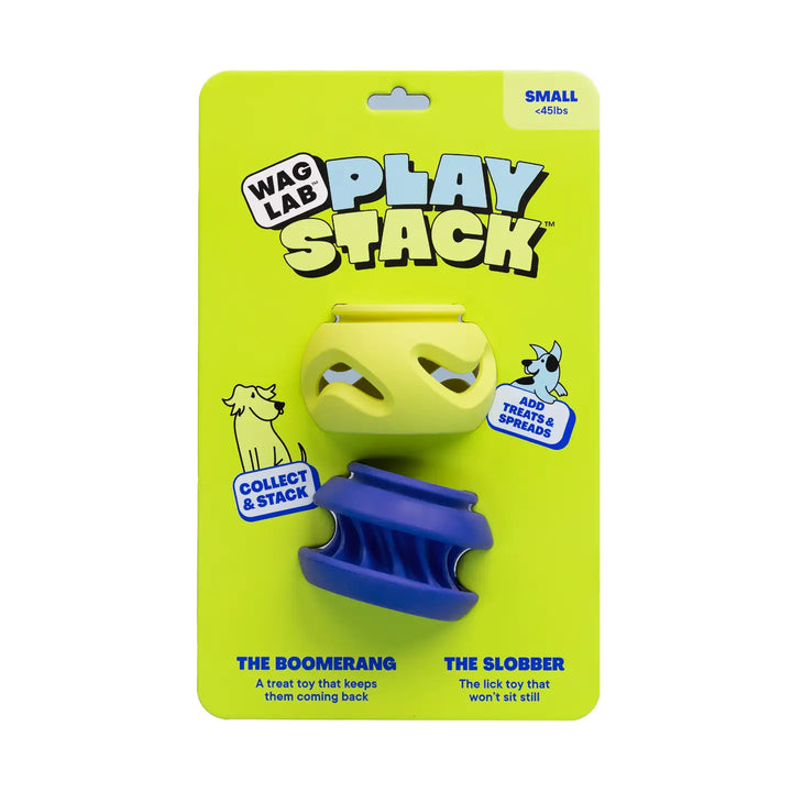Dog toy set with boomerang and slobber on a green packaging labeled 'Wag Lab Play Stack'.