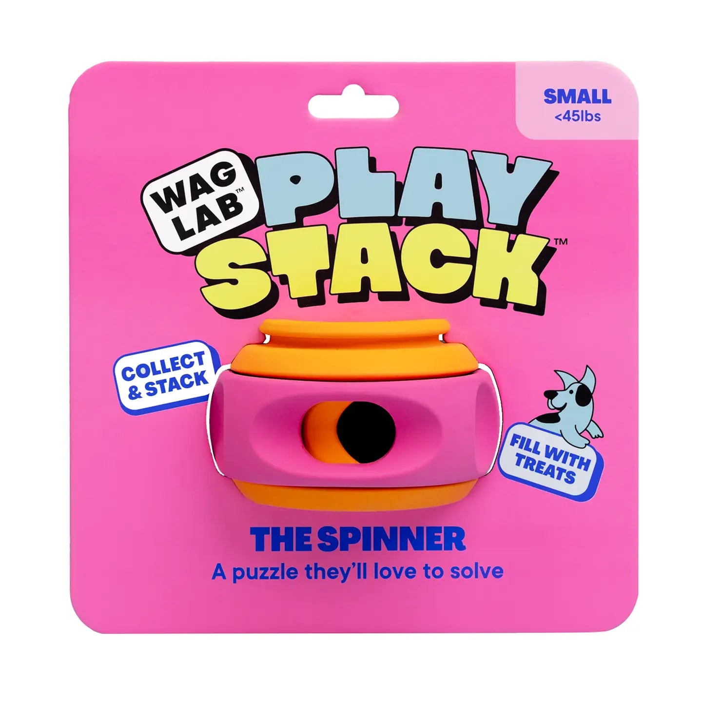 Wag Lab Play Stack Spinner toy packaging on a pink background