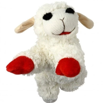 White plush toy sheep with red spots on a white background