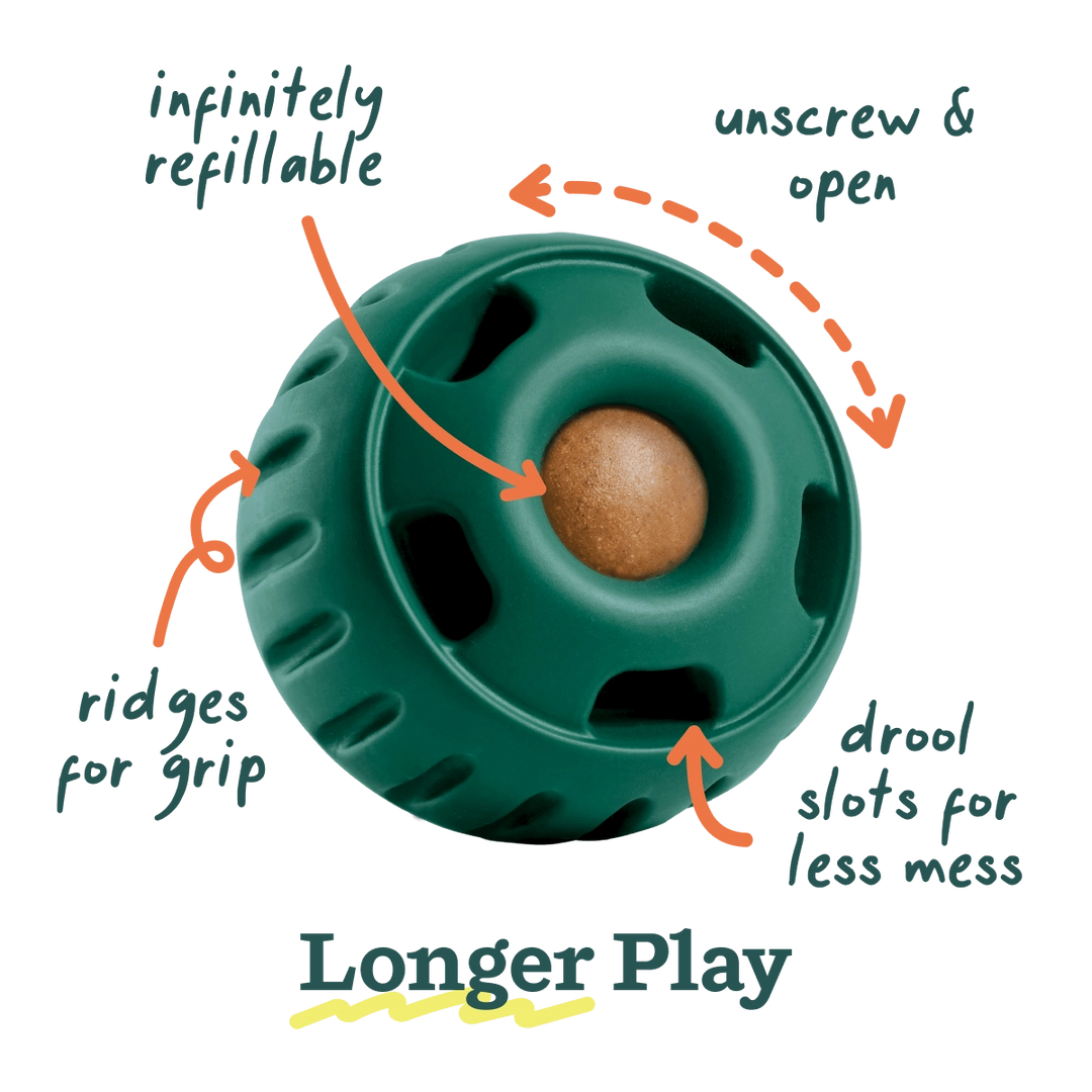 Green dog toy with a brown ball inside, labeled for different parts on a black background.