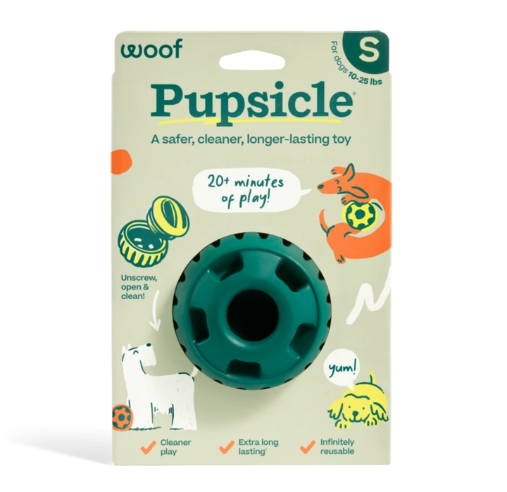 Pupsicle dog toy packaging with green toy and 'woof' branding on a white background