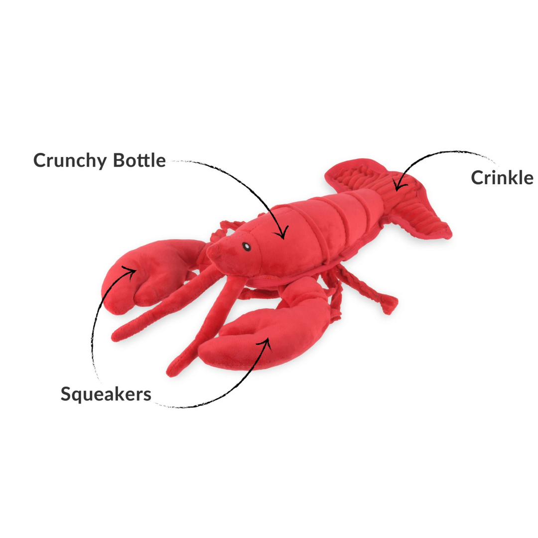 Red plush lobster toy with labeled features on a white background