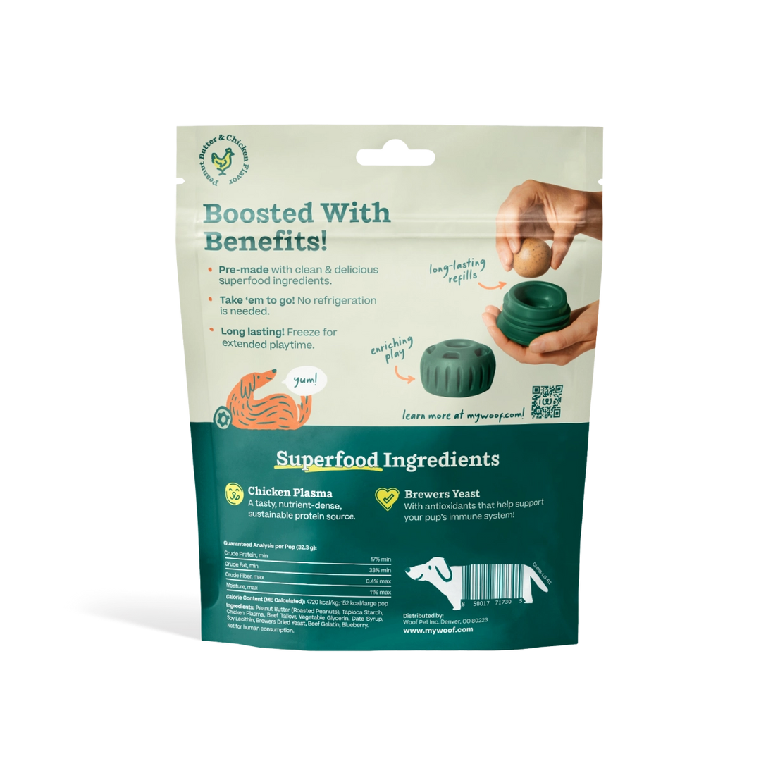 A stand-up pouch package for a dog supplement, featuring a cream upper section with text and small hand-use illustrations, and a dark teal lower section with product name 'Superfood Ingredients' and ingredient callouts. No real environment is present; this is a clean studio-style pack shot.