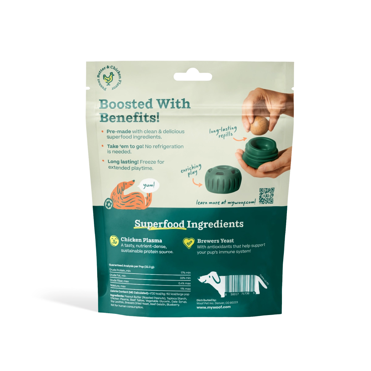 A stand-up pouch package for a dog supplement, featuring a cream upper section with text and small hand-use illustrations, and a dark teal lower section with product name 'Superfood Ingredients' and ingredient callouts. No real environment is present; this is a clean studio-style pack shot.