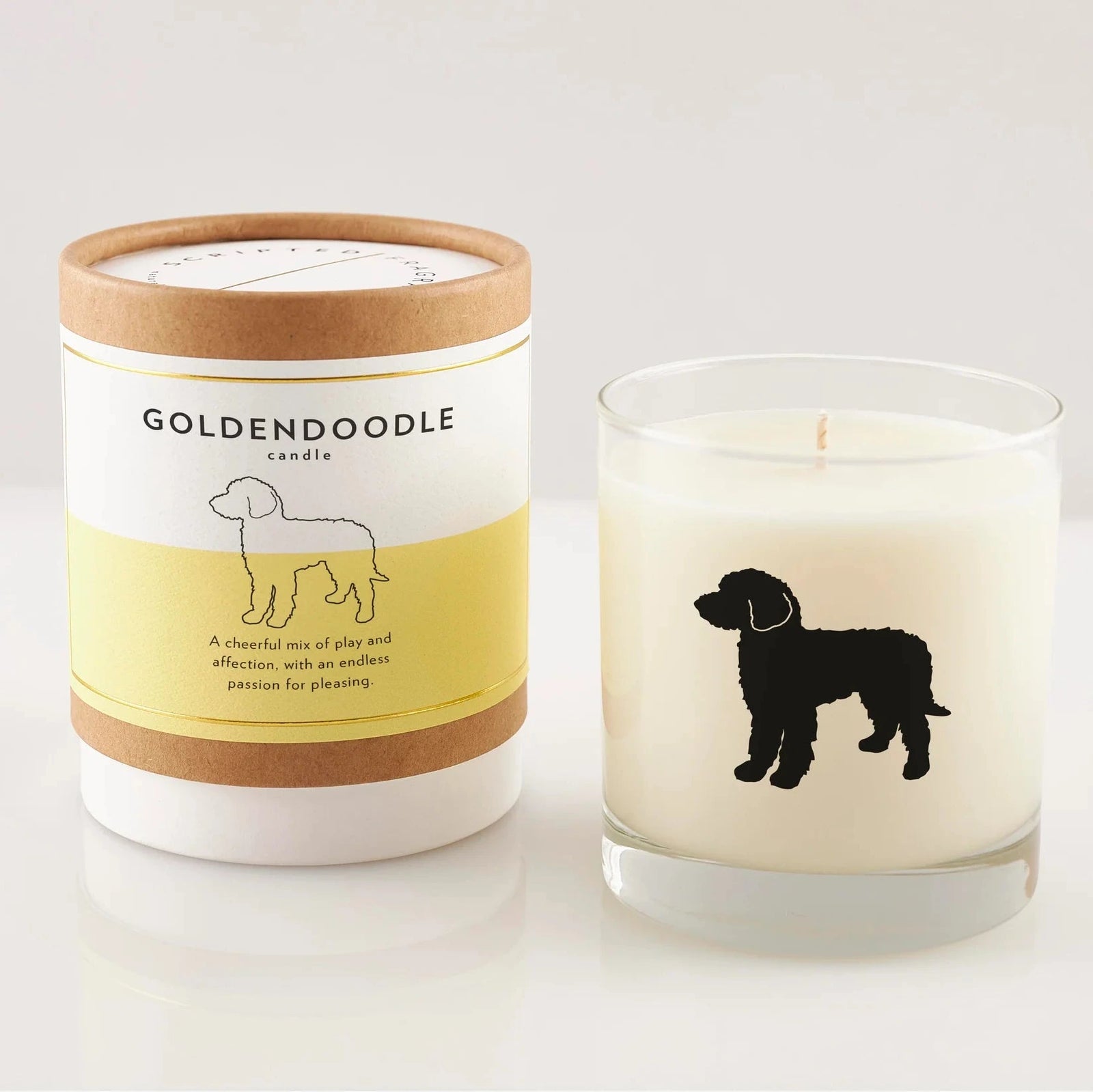 Goldendoodle inspired soy candle for dog lovers in reusable glass vessel