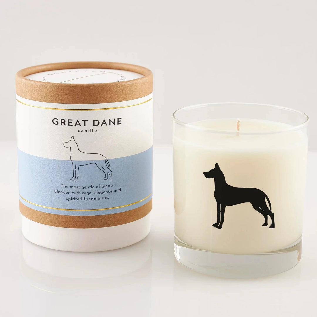 Candle with a Great Dane design and packaging on a white background
