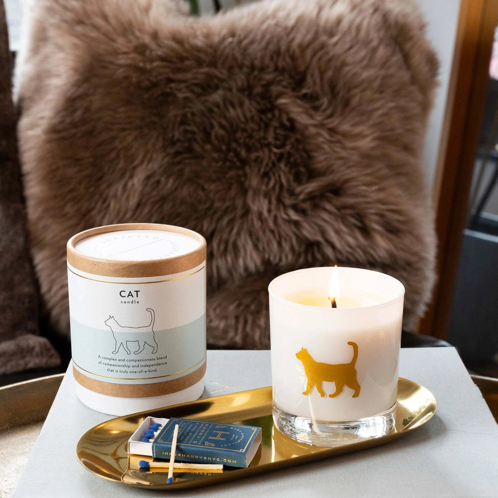 Candle with a cat design on a gold tray on top of a book