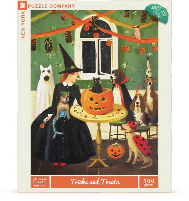 Dog-themed bookstore jigsaw puzzle featuring a Shih Tzu, humorous book titles, and a cozy illustrated scene.