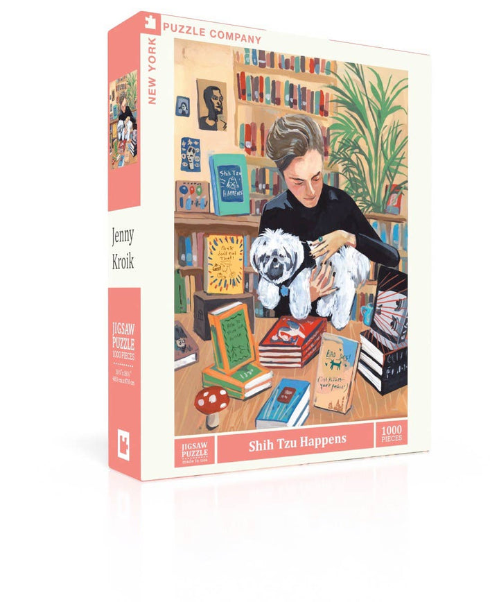 New York Puzzle Company Shih Tzu Happens 1000 piece jigsaw puzzle box featuring a Shih Tzu in a cozy bookstore scene by Jenny Kroik.