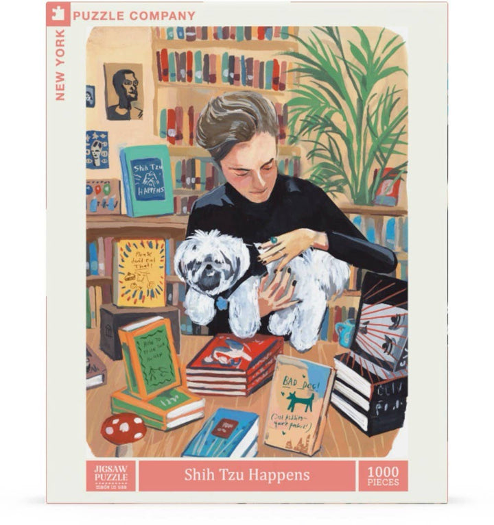 New York Puzzle Company Shih Tzu Happens 1000 piece jigsaw puzzle box featuring a Shih Tzu in a cozy bookstore scene by Jenny Kroik.