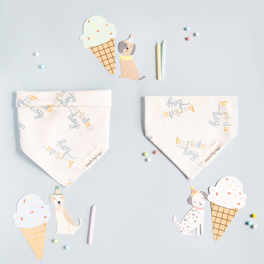 Dapple Dog Designs Barkday Boy dog bandanas displayed with birthday-themed props including ice cream cones and party details.