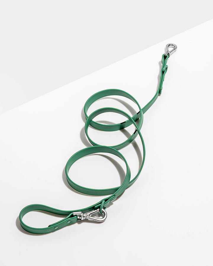 Green dog leash coiled on a white surface