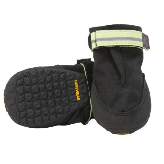 Pair of black dog boots with reflective strip on a white background
