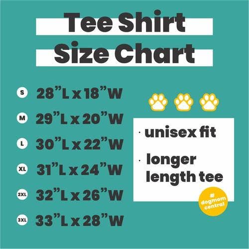 Tee shirt size chart with dimensions and fit information on a teal background