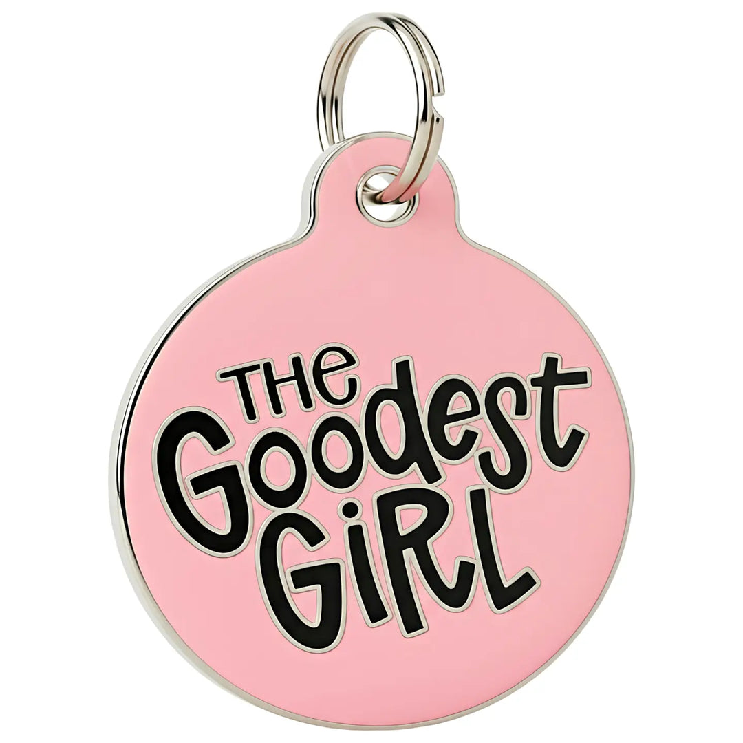 Pink pet tag with 'The Goodest Girl' text on a white background