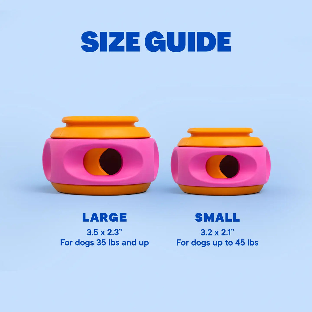 Size guide for pink and orange pet toys on a blue background
