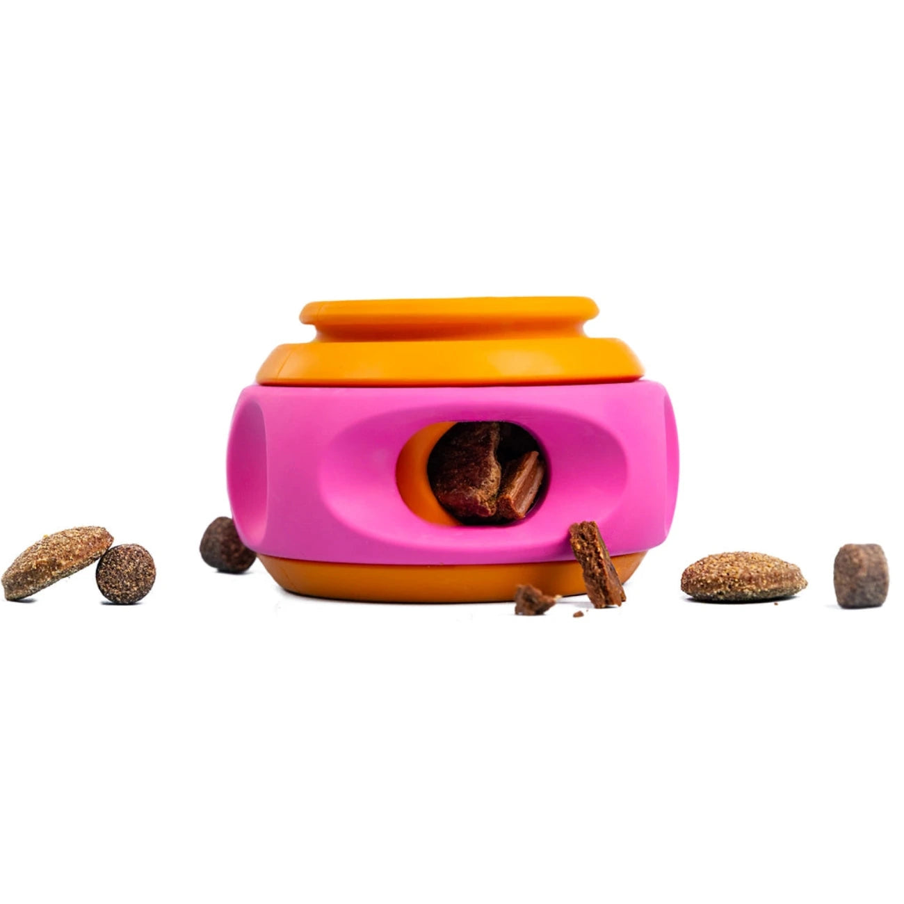 Pink and orange pet toy with small holes on a white background